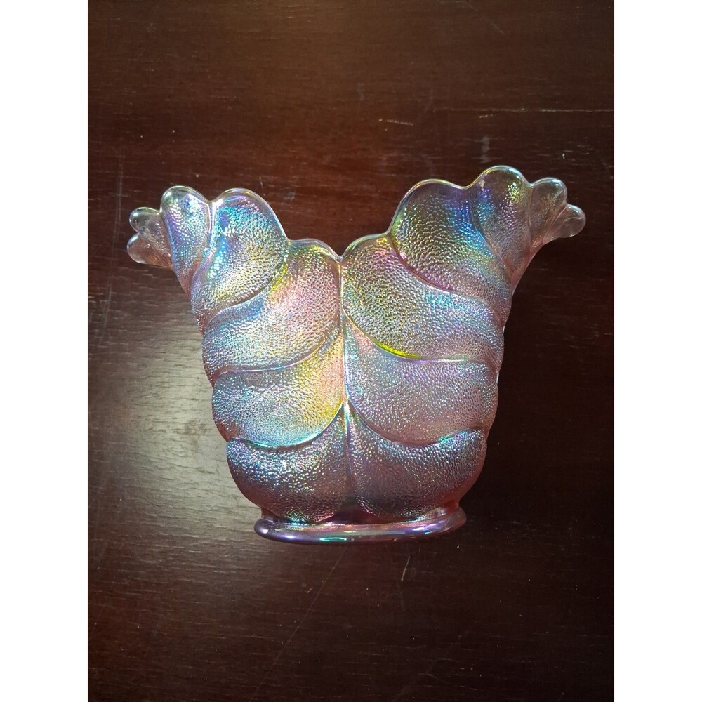 L E SMITH - Pink Iridescent - Carnival Glass - Leaf/Shell Vase - MCM vintage VGC